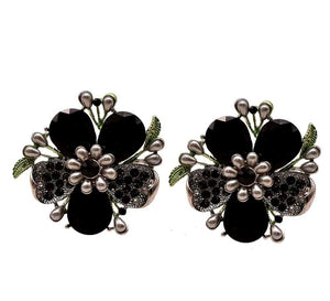 1.75" SILVER CLIP ON EARRINGS WITH JET BLACK STONES AND HEMATITE PEARLS ( 11612 )