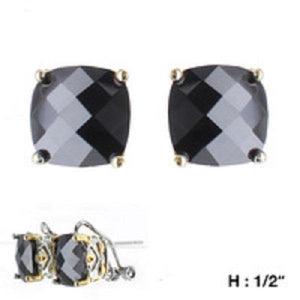 Square Black CZ Two Tone French Post Earrings ( 3273 ) - Ohmyjewelry.com