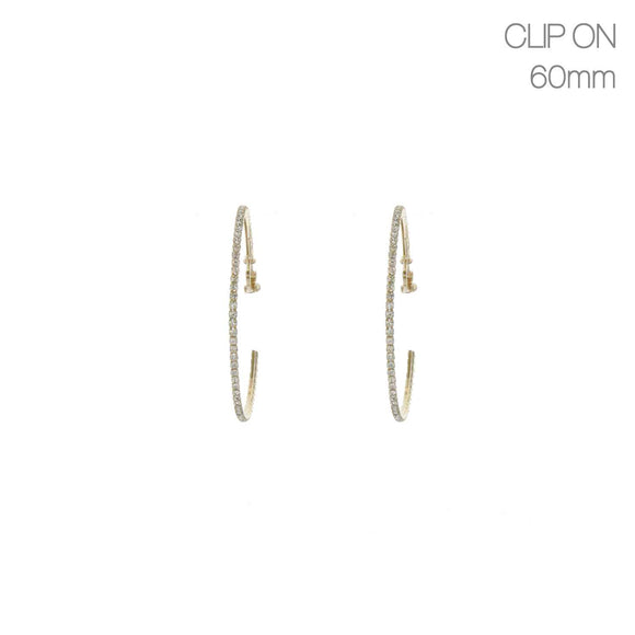 60mm GOLD HOOP EARRINGS WITH CLEAR STONES CLIP ( 2066 GCL )