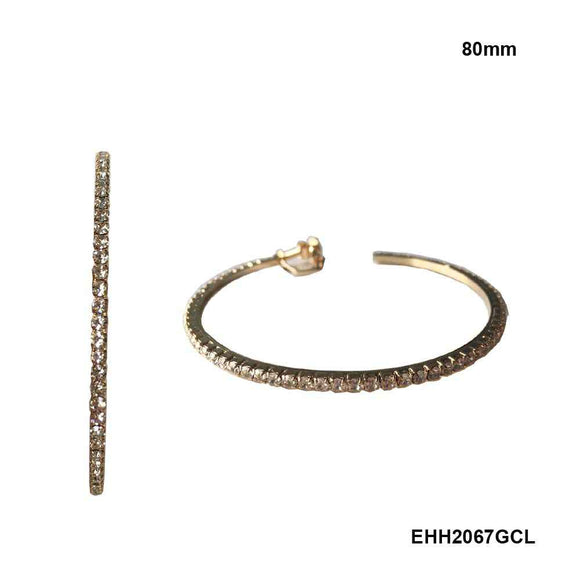 80mm GOLD HOOP EARRINGS WITH CLEAR STONES CLIP ( 2067 GCL )
