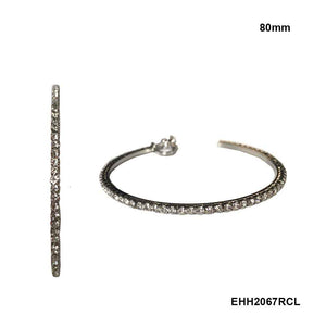 80mm SILVER HOOP EARRINGS WITH CLEAR STONES CLIP ( 2067 RCL )