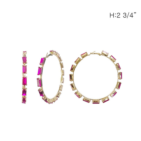 GOLD HOOP EARRINGS FUCHSIA STONES ( 12108 GFU )