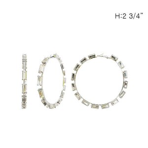 SILVER HOOP EARRINGS CLEAR STONES ( 12108 RCL )