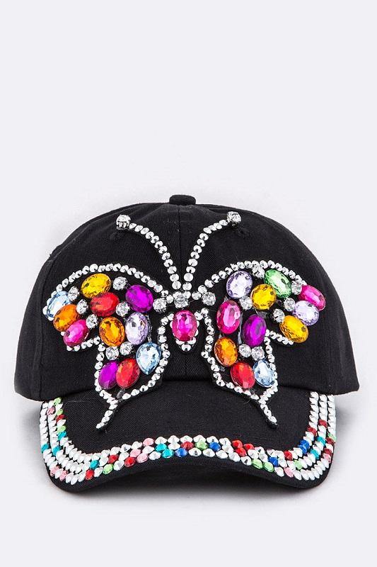 Black Cap Hat with Multi Color Stone Butterfly ( 8605 ) - Ohmyjewelry.com