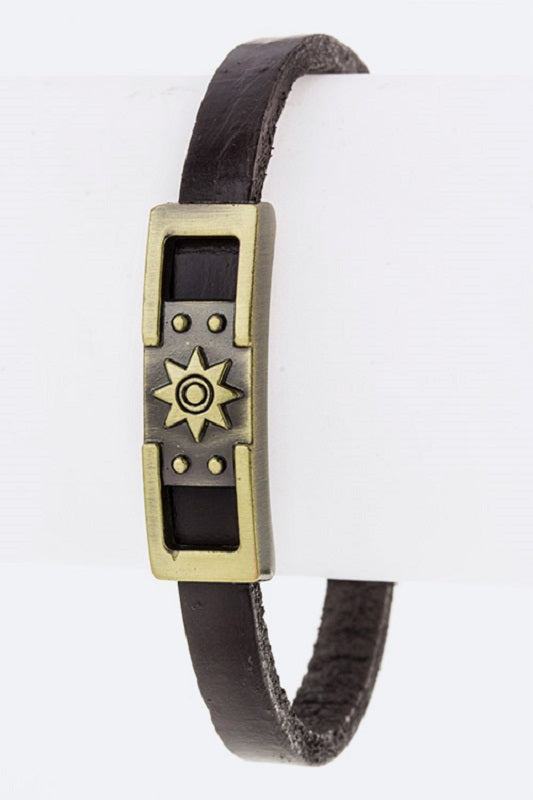 Dark Brown Leather Magnetic Bracelet with Gold Sun Design ( 2060 )