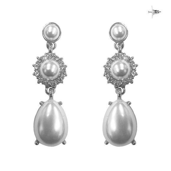 SILVER EARRINGS WHITE PEARLS CLEAR STONES ( 310 RWH )