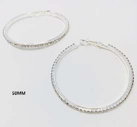 50mm Silver Clear Rhinestone Hoop Earrings ( 0135 SCL )