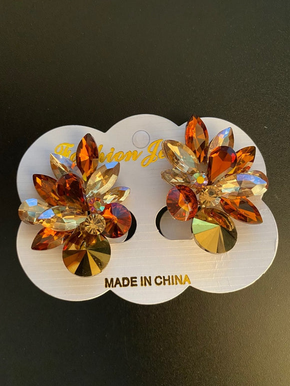 GOLD CLIP ON EARRINGS BROWN STONES