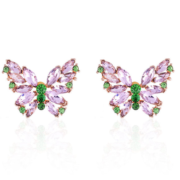 GOLD BUTTERFLY EARRINGS PINK GREEN STONES ( 2419 PNG )