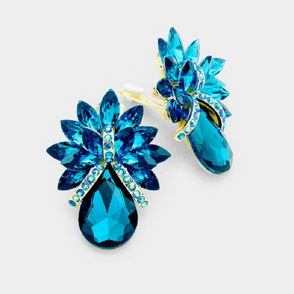 Large Teal Blue Pineapple Design Clip On Earrings with Gold Accents ( 1404 )