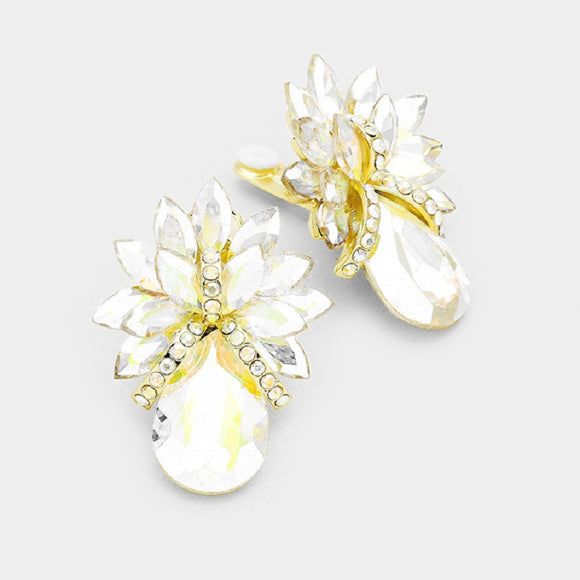 Large Clear Pineapple Design Clip On Earrings with Gold Accents ( 1404 GCL )