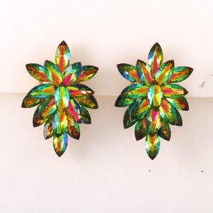 2.25" Green AB Multi Color Stone Pointy Clip On Earrings with Gold Accents ( 1617 )