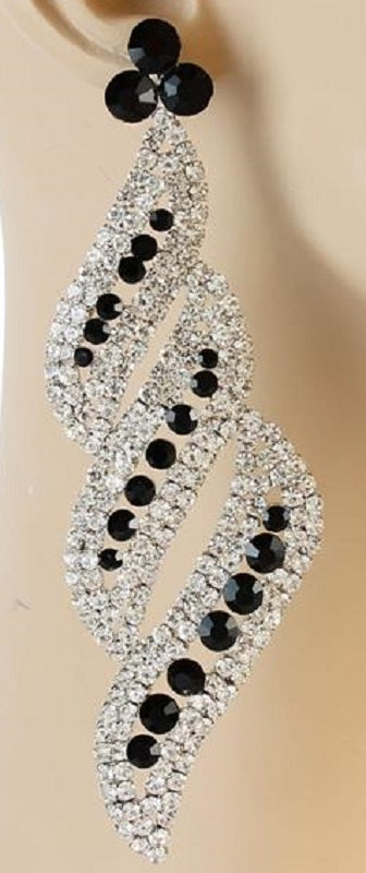 SILVER BLACK AND CLEAR Stone Swirl Design PIERCE Chandelier Earrings ( BKWT PIERCE )