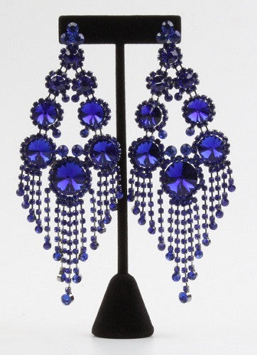 Royal Blue Large Round Stones and Fringe Chandelier Earrings ( 7592 PIERCE )