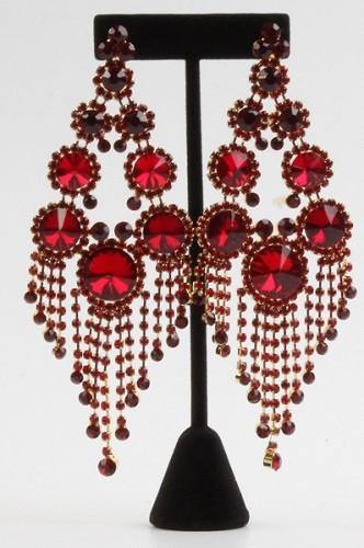 Gold and Red Large Round Stones and Fringe Chandelier Earrings ( 7592 GRED PIERCE ) - Ohmyjewelry.com