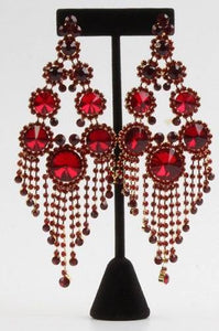 Gold and Red Large Round Stones and Fringe Chandelier Clip On Earrings ( 7592 GRD CLIP ) - Ohmyjewelry.com
