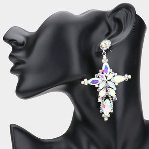 3.25" SILVER AB RHINESTONE DANGLING CROSS FASHION EARRINGS