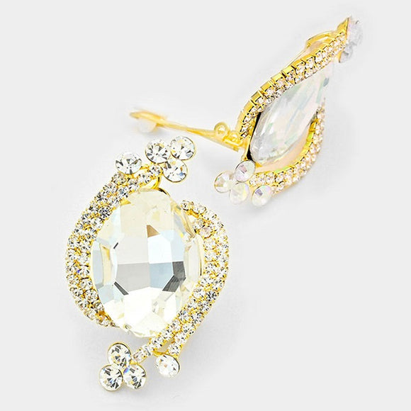 Gold Clip On Earrings with Oval Clear Stones