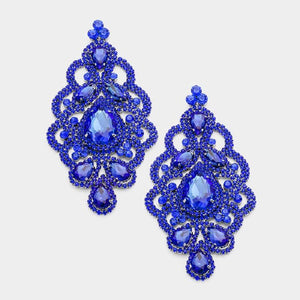 4 1/2" Long Large Royal Blue Teardrop and Marquise Statement Pierced Earrings ( 1548 ) - Ohmyjewelry.com