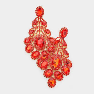 4.25" Gold with Red Rhinestone Oversized Chandelier Evening Earrings ( 3021 GRED PIERCE ) - Ohmyjewelry.com