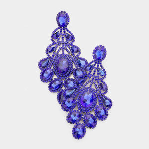 4.25" Royal Blue Rhinestone Oversized Chandelier Evening Earrings ( 3021 RBL PIERCE ) - Ohmyjewelry.com