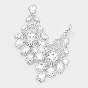 4.25" Silver with Clear Rhinestone Oversized Chandelier Evening Earrings ( 3021 SCL PIERCE ) - Ohmyjewelry.com