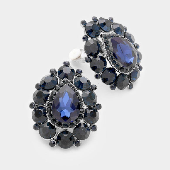 Navy Blue Stones Teardrop Clip On Earrings ( 4501 )