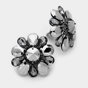 Large Hematite Gray Flower Clip On Earrings ( 4975 )
