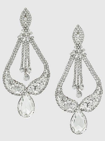 Large Silver Clear Teardrop Rhinestone Chandelier Earrings ( 7190 SCL PIERCE ) - Ohmyjewelry.com
