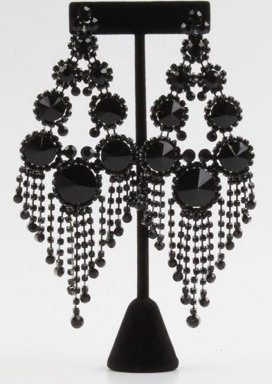 Black Large Round Stones and Fringe Chandelier Earrings ( 7592 JTBK PIERCE ) - Ohmyjewelry.com
