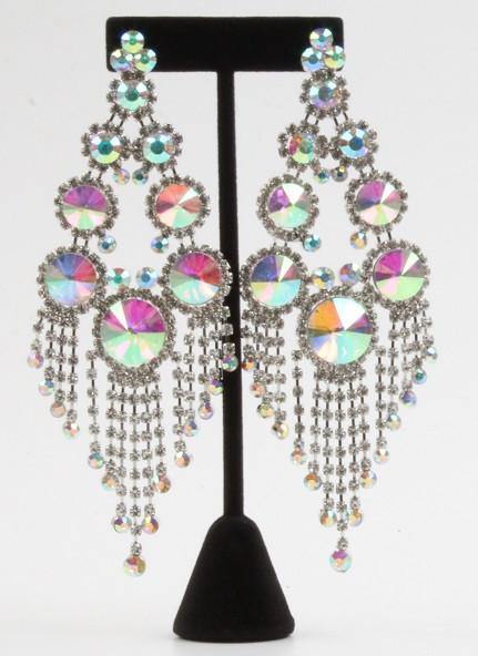 Silver AB Large Round Stones and Fringe Chandelier Clip On Earrings ( SAB CLIP ) - Ohmyjewelry.com