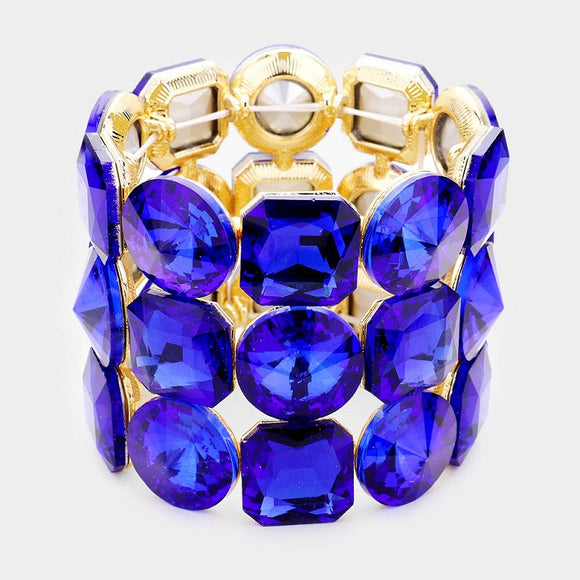 Over Size Square Round BLUE Stone Stretch Bracelet GOLD Accents ( 0035 2S )