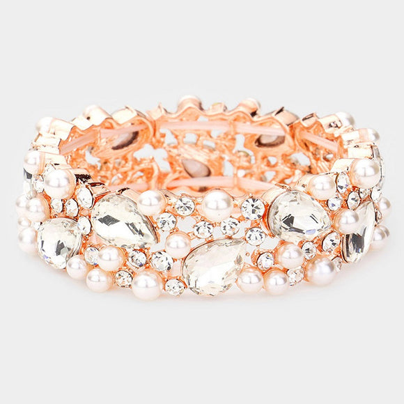 ROSE GOLD STRETCH BRACELET CLEAR STONES WHITE PEARLS
