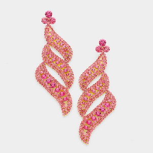 Large GOLD PINK Stone Swirl Design Pierced Chandelier Earrings