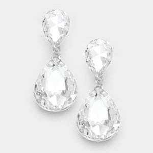 2" Clear Double Glass Teardrop Earrings with Silver Accents ( 1420 SCL )