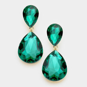 2" GOLD EMERALD GREEN CLIP ON Double Glass Earrings ( 1420 GEME CLIP )