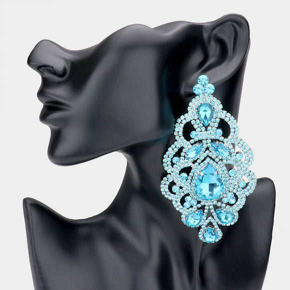 LARGE SILVER AQUA Marquise Statement CLIP ON Earrings ( 1548 SAQ )