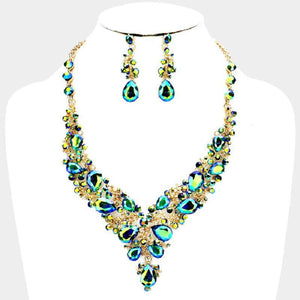 Green AB Rhinestone with Gold Formal Necklace Set ( 0041 2GX ) - Ohmyjewelry.com