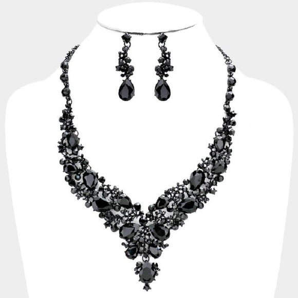 Jet Black Rhinestone Formal Necklace Set ( 0041 4J ) - Ohmyjewelry.com