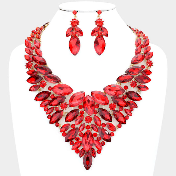 Red V Marquise Rhinestone Formal Necklace Set ( 0053 RD )