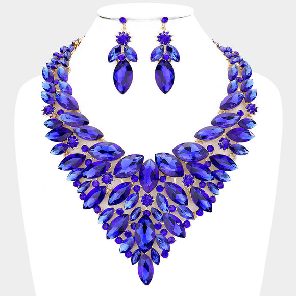 Royal Blue V Marquise Rhinestone Formal Necklace Set ( 0053 BL )