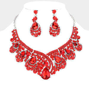 SILVER NECKLACE SET RED STONES ( 014143 SRD )