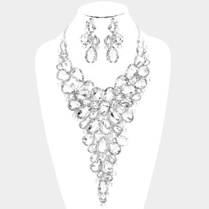 LARGE SILVER NECKLACE SET CLEAR STONES ( 014178 CL ) - Ohmyjewelry.com