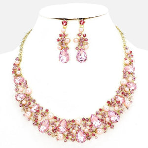 GOLD PINK NECKLACE SET PEARLS STONES FLOWER ( 17046 GPK ) - Ohmyjewelry.com