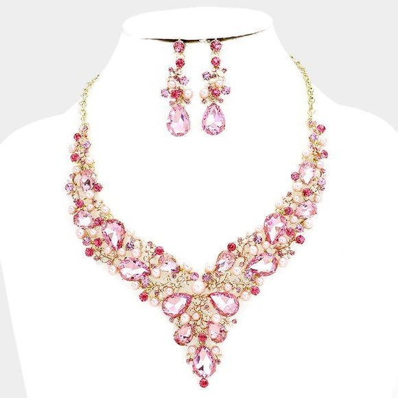 PINK Pearl and PINK Rhinestone on Gold Background Formal Necklace Set ( 17047 GPK ) - Ohmyjewelry.com