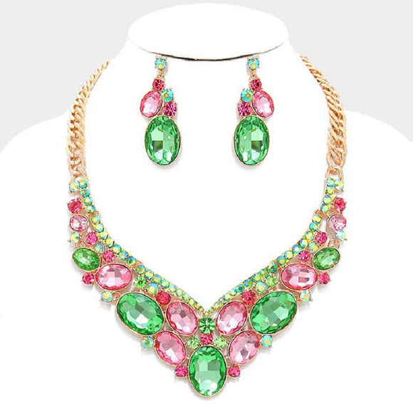 GOLD NECKLACE SET PINK GREEN STONES ( 6 GPL )