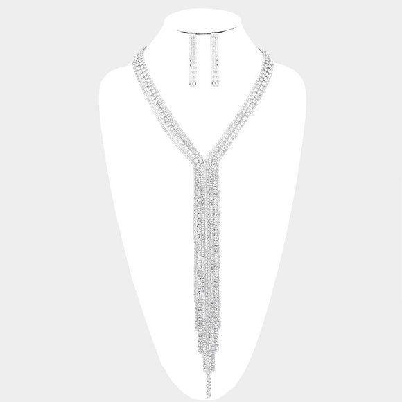LONG SILVER NECKLACE SET CLEAR STONES ( 9074 RHCRY )