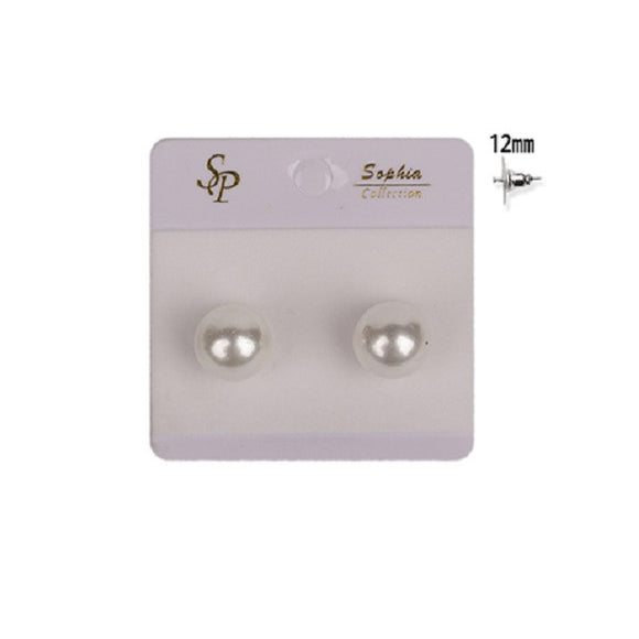 12mm White Round Pearl Glass Stud Earrings ( 12 WT )