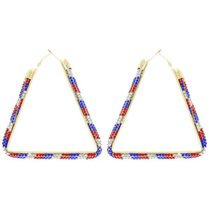 GOLD TRIANGLE HOOP EARRINGS RED CLEAR BLUE STONES ( 11534 FG )
