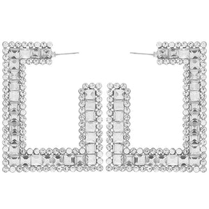 SILVER RECTANGLE EARRINGS CLEAR STONES ( 11986 RCL )